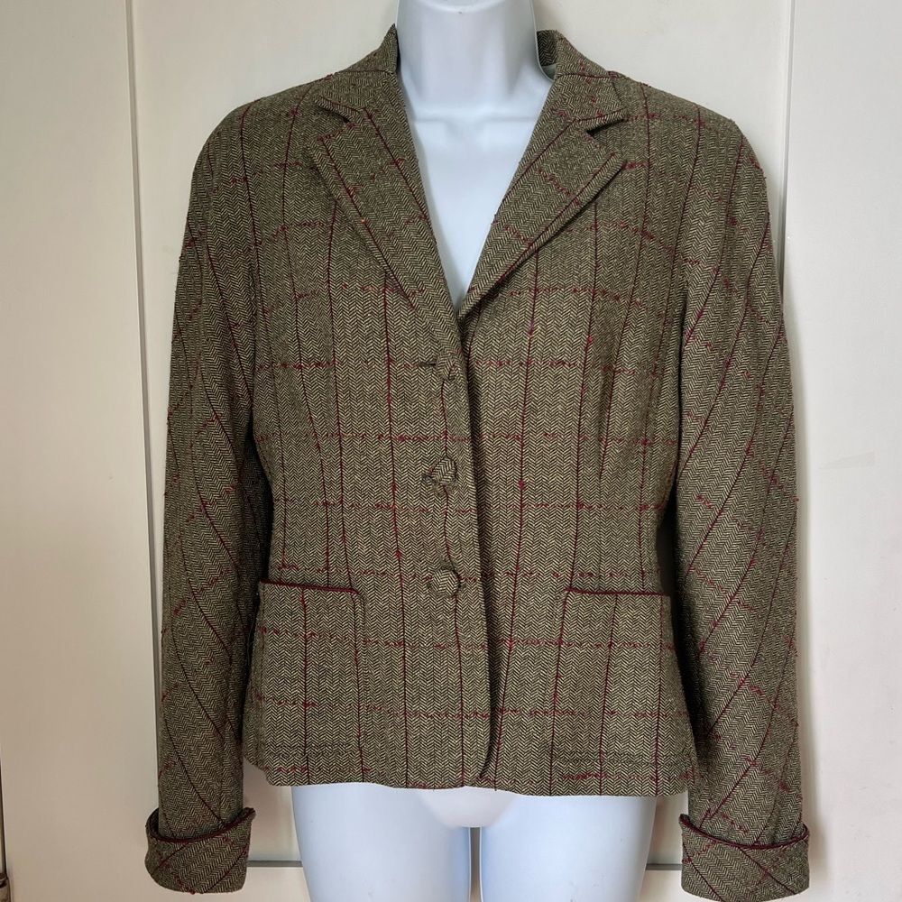 Kay Unger Women Green Red Plaid Timeless Classic Wool Silk Blend Blazer Jacket 6 - Picture 12 of 13